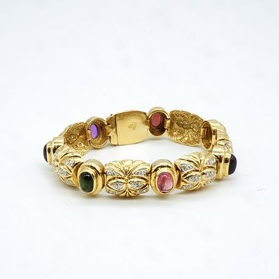 European 18ct Yellow Gold Bracelet with Cabochons of Amethyst, Garnet (2), Tourmaline (2), Citrine, Tanzanite and More