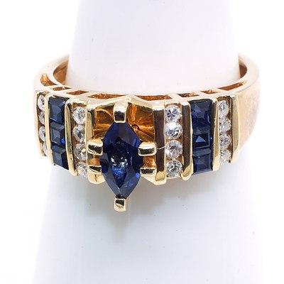 10ct Yellow Gold Ring with Marquise and Carre Cut Created Sapphires and Single Cut Diamonds