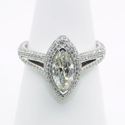 18ct White Gold Ring with Marquise Brilliant Diamond, 1.00ct (JK I1) Surrounded by RBC Diamonds