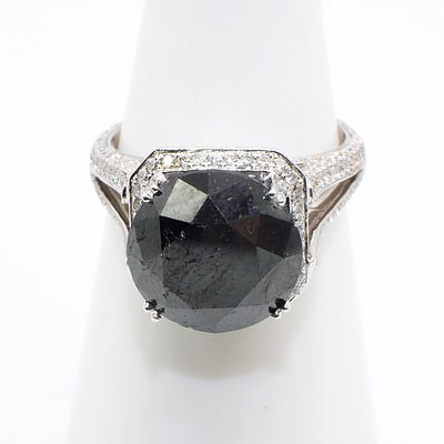 18ct White Gold Ring with a Round Brilliant Cut Black Diamond Surrounded by RBC Diamonds