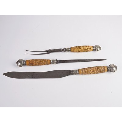 Vintage Three Piece Carving Set with Faux Horn Handles