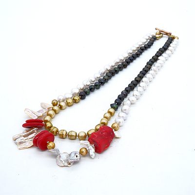 Double Strand Assorted Freshwater Pearl and Coral Necklace