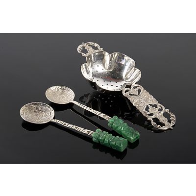 Peru 825 Silver Tea Strainer, Two Mexican Silver Spoons with Aztec Motif