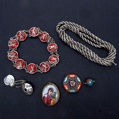 Siam Silver and Red Enamel Bracelet, Peruvian Silver Rope Chain, Two Mexican Silver Charms, Italian Micromosaic Pendant and Small Russian Icon Pendant