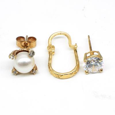 Three 9ct Yellow Gold Earrings, One with Cultured Pearl with Small Diamonds, 2.10g