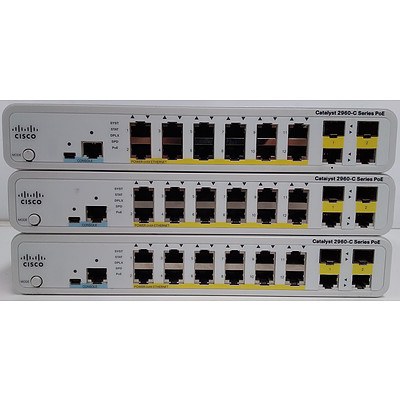 Cisco (WS-C2960C-12PC-L V01) Catalyst 2960-C Series PoE 12 Port Managed Fast Ethernet Switch - Lot of Three