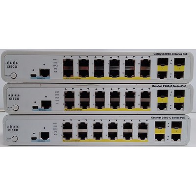 Cisco (WS-C2960C-12PC-L V01) Catalyst 2960-C Series PoE 12 Port Managed Fast Ethernet Switch - Lot of Three