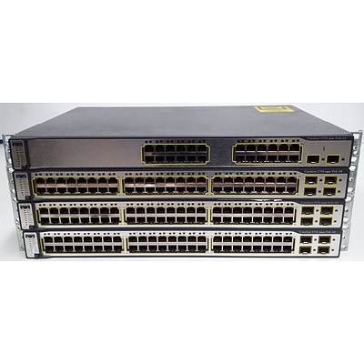 Cisco Catalyst 3750 Series Managed Fast Ethernet PoE Stackable Switches - Lot of Four