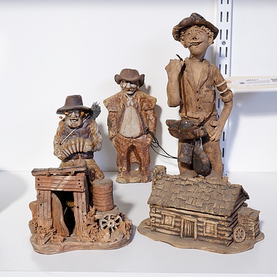 Three Hand Crafted Studio Pottery Figurines and Outback House and Outhouse