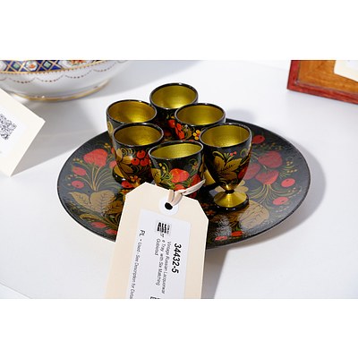 Vintage Russian Lacquerware Tray  with Six Matching Gobletsd