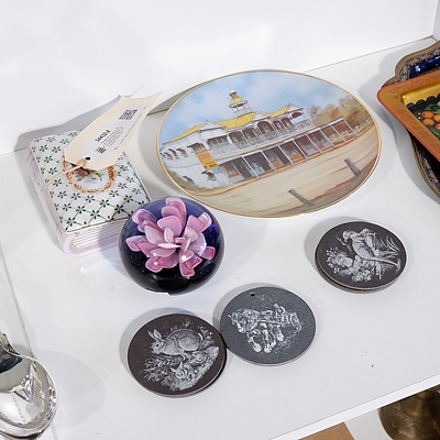 Vintage Set of Slate Coasters, Glass Paperweight, QLD Hotel Display Plate and Porcelain Trinket Box