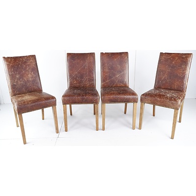 Four Contemporary Studded Brown Leather Upholstery Dining Chairs