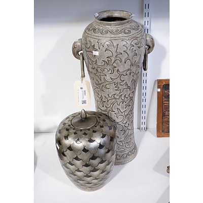 Large Decorative Ceramic Handled Vase and Lidded Urn