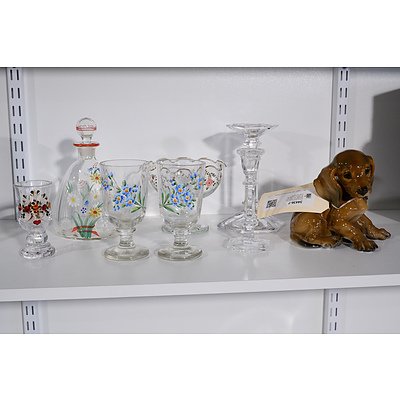 Group of Assorted Hand Painted Glassware, Mikasa Candle Holders and Classic Rose Collection Rosenthal Porcelain Dog Figurine