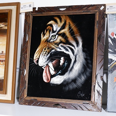 Circa 1970s Tiger Artwork on Velvet in Vintage Frame - Signed Ortiz