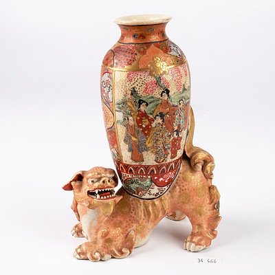 Antique Japanese Satsuma Vase Supported by Shishi