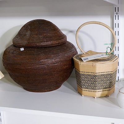 Two Rustic Sea Grass Lidded Baskets