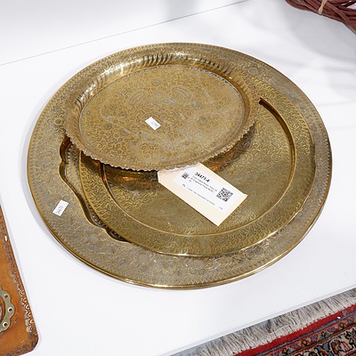 Four Indian Brass Trays with Engraved Floral Motif (4)
