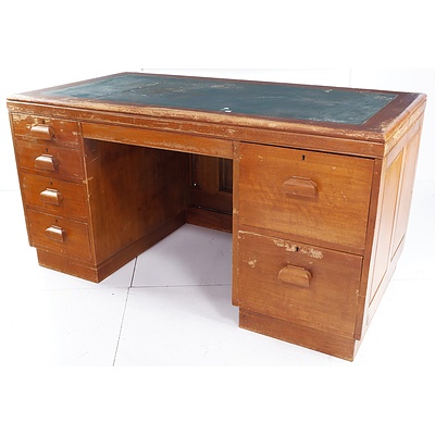 Vintage Queensland Maple and Victorian Ash Twin Pedestal Desk with Vinyl Insert Top Ex Old Parliament House of Reps Circa 1950s