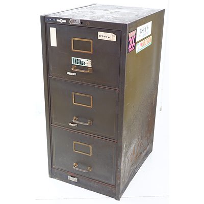 Circa 1940s Heavy Duty Metal Three-Drawer Filing Cabinet with Brass Handles