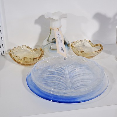 Kosta Boda Mine Plate by Vallien, Two Controlled Bubble Glass Ashtrays, two Orrefors Plates and a Retro Glass Vase