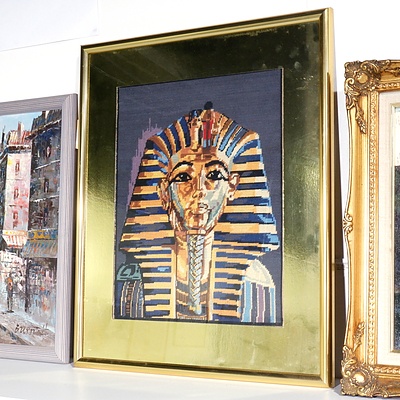 Framed Vintage Tapestry, Michal David Mixed Media on Board and Unframed Oriental Artwork on Canvas