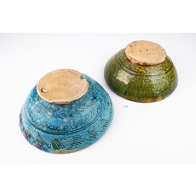 Two Antique Middle Eastern Lead Glazed Ceramic Bowls with Leaf Motifs