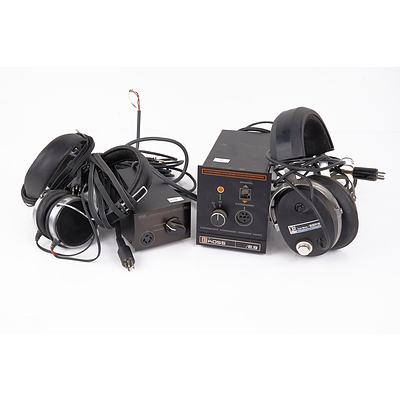 Three Pairs of Headphones: STAX SR-40 (2), KOSS ESP.9, and KOSS E.9, STAX SRD-4 Headphone Adapator Units