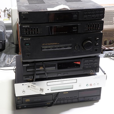 Three CD Players: Sony, Phillips, Cambridge Audio and a Sony Mini Stereo