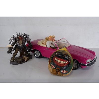 Guildwars Rytlock Collectors Edition Figurine, Ken and Barbie Dolls with Pink Convertible and a Carved Coconut