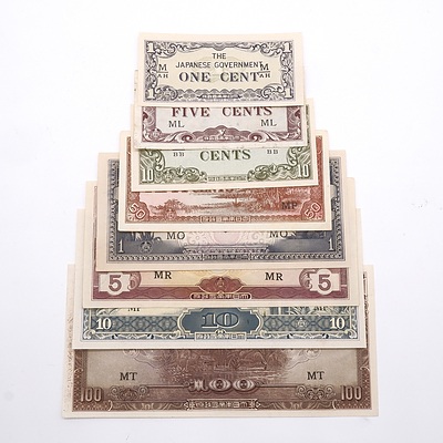 Set of Eight Japanese Wartime Notes Malaya with Various Denominations