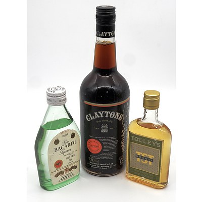 Bacardi Rum 200ml, Tolleys Brandy 150ml and a 750ml Claytons Non Alcoholic (3)
