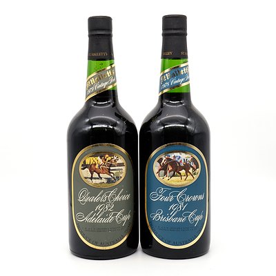 St Halletts Racing Series Port - Four Crowns 1981 Brisbane Cup and Dealers Choice 1982 Adelaide Cup - Lot of Two Bottles (2)