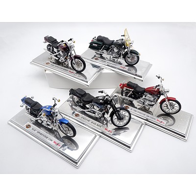 Five Maisto Model Motorbikes on Display Stands including Harley Davidson