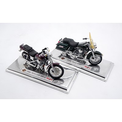 Five Maisto Model Motorbikes on Display Stands including Harley Davidson