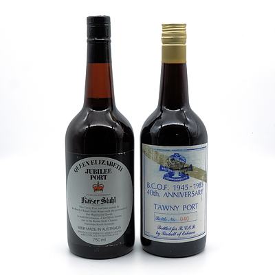 BCOF 1945-85 40th Anniversary Port Bottle No 040 and Kaiser Stuhl QE II Jubilee Port - Lot of Two Bottles (2)