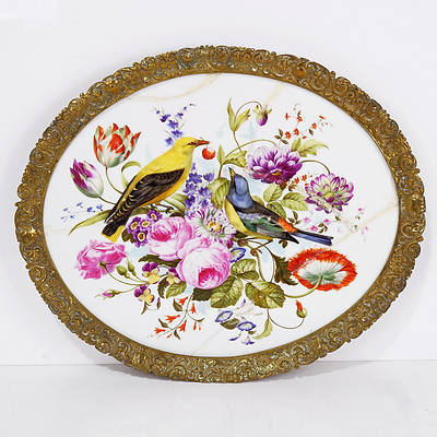 19th Century Continental Ormolu Mounted Porcelain Tray Hand Painted with Birds