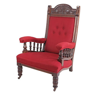 Large Edwardian Throne Armchair with Red Fabric Upholstery