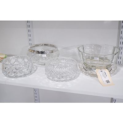 Two Vintage Cut Crystal Bowls, Two Glass & Crystal Bowls with Silverplate Trim and Footed Plate