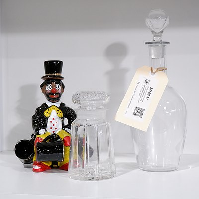 Vintage Baccarat Decanter, Cut Glass Canister and Japanese Ceramic Clown Decanter with Four Steins