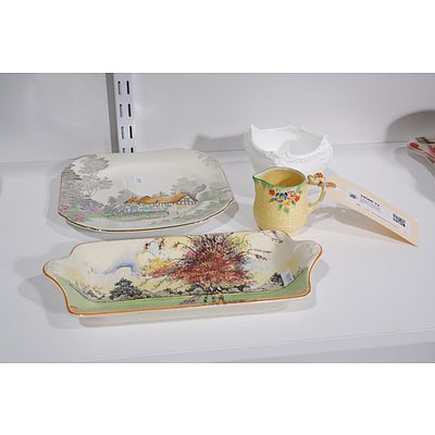 Royal Doulton  Autumn Glory Sandwich Plate, Shelley Cake Plate, Coalport Sugar Bowl and Crown Devon Creamer