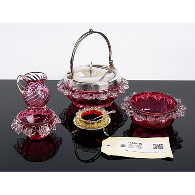 Vintage Cranberry Glass Sugar Bowl, Two Small Bowls, Jug and Uranium Glass Salt Cauldron on Silverplate Stand
