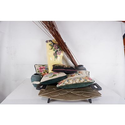 Large Tray with Leaf Motif, Two Painted Terracotta Pots - One on Stand with Reeds, Vintage 1/2 Torso Mannequin and Four Vintage Tapestry Cushions