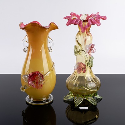 Two Victorian Hand Blown Glass Vases with Floral Decoration - One Uranium