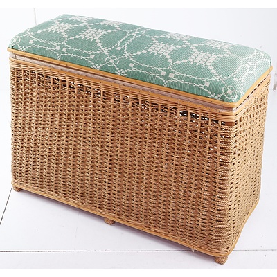 Vintage Woven Cane and Rope Lidded Hamper with Padded Lid