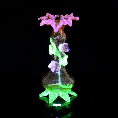 Two Victorian Hand Blown Glass Vases with Floral Decoration - One Uranium