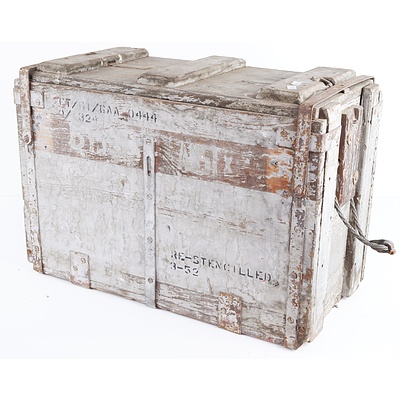 Vintage Timber Ammunition Crate with Wire Rope Handles and Metal Fittings