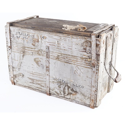 Vintage Timber Ammunition Crate with Wire Rope Handles and Metal Fittings