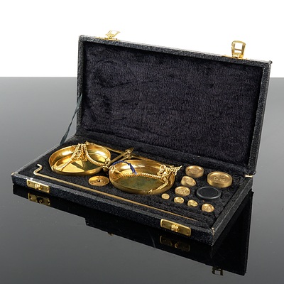 Vintage Set of Gold Scales with Nine Weights in Original Case