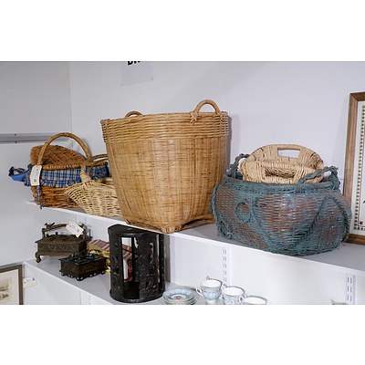 Large Group of Assorted Cane Baskets, Picnic Hamper and Bag